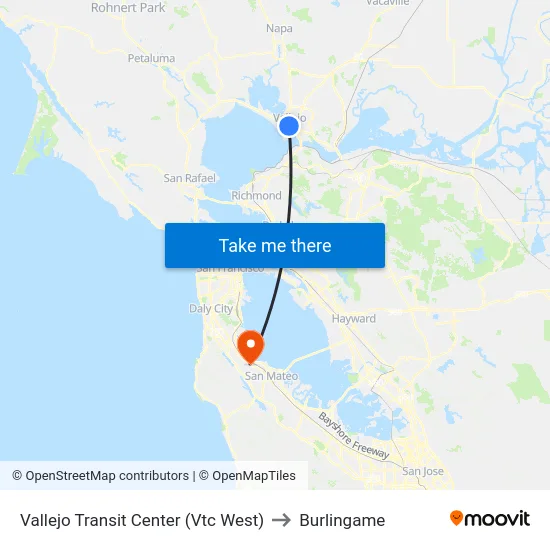 Vallejo Transit Center (Vtc West) to Burlingame map
