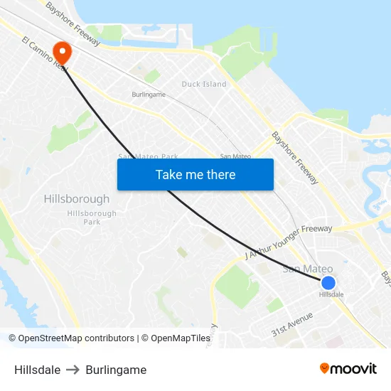 Hillsdale to Burlingame map