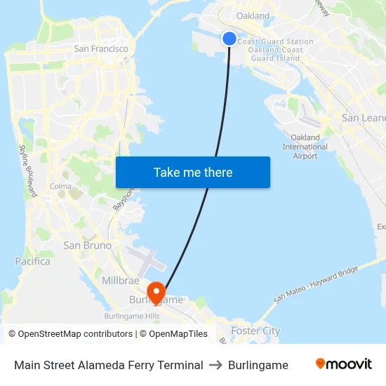 Main Street Alameda Ferry Terminal to Burlingame map
