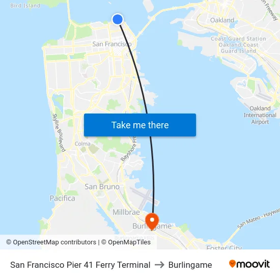 San Francisco Pier 41 Ferry Terminal to Burlingame map