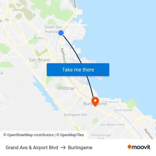 Grand Ave & Airport Blvd to Burlingame map