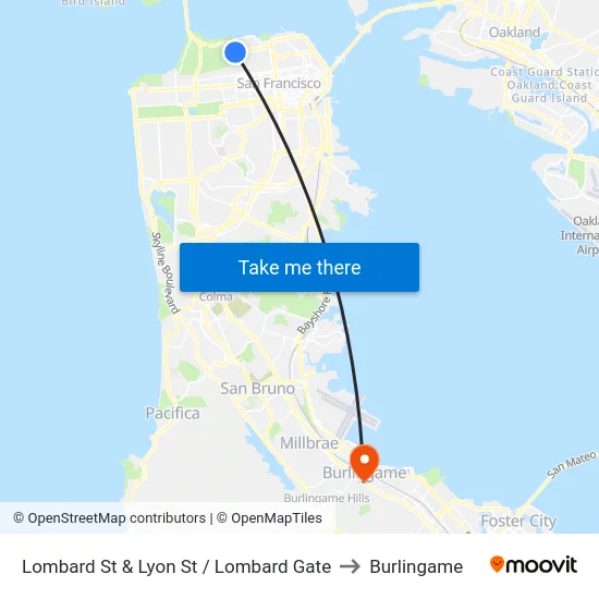 Lombard St & Lyon St / Lombard Gate to Burlingame map