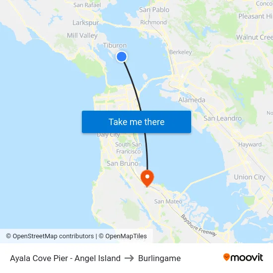 Ayala Cove Pier - Angel Island to Burlingame map