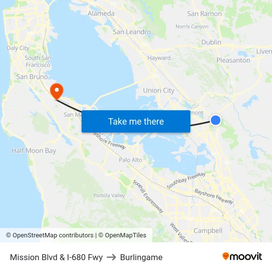 Mission Blvd & I-680 Fwy to Burlingame map