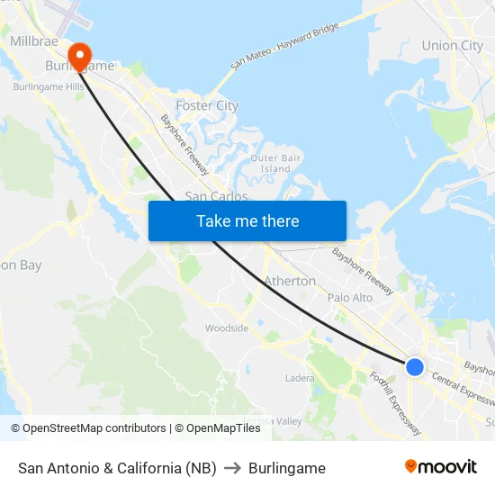 San Antonio & California (NB) to Burlingame map