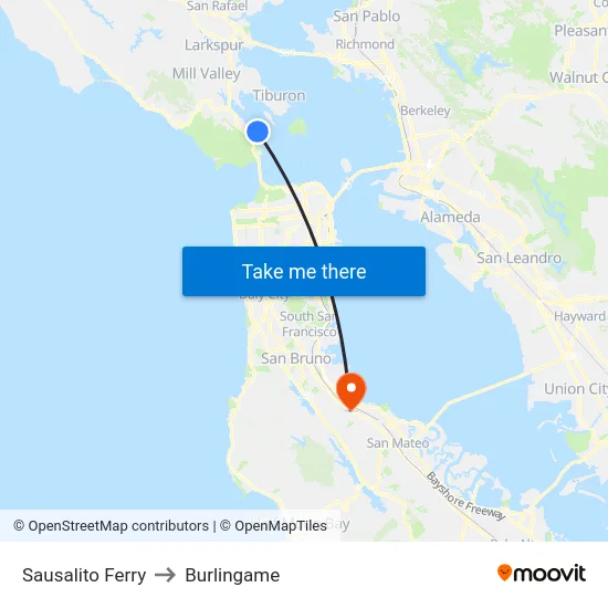 Sausalito Ferry to Burlingame map