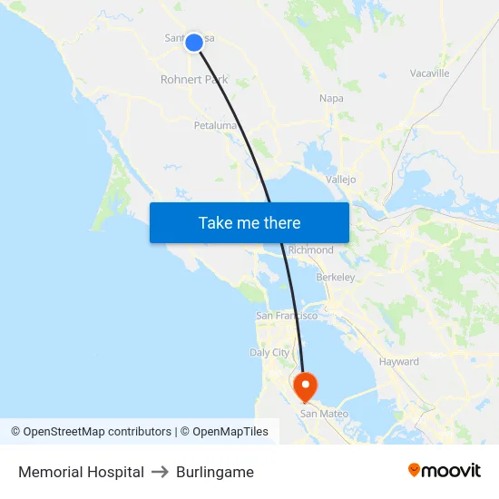 Memorial Hospital to Burlingame map