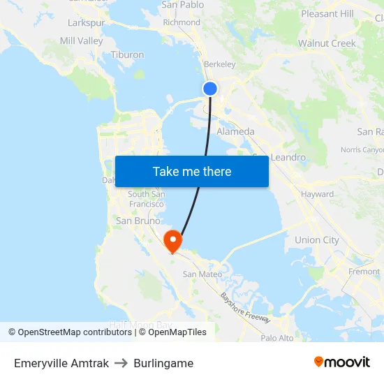 Emeryville Amtrak to Burlingame map