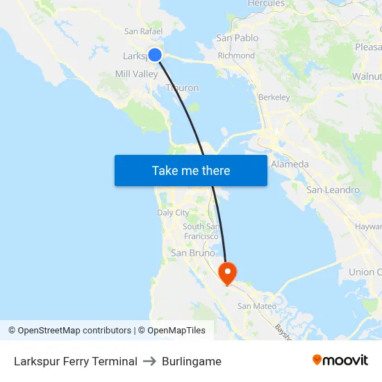 Larkspur to Burlingame map