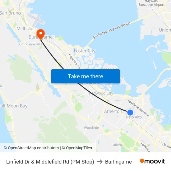 Linfield Dr & Middlefield Rd (PM Stop) to Burlingame map