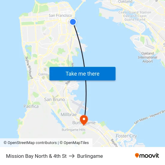 Mission Bay North & 4th St to Burlingame map