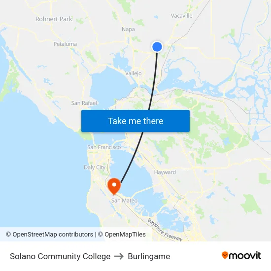 Solano Community College to Burlingame map