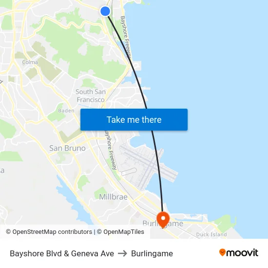 Bayshore Blvd & Geneva Ave to Burlingame map