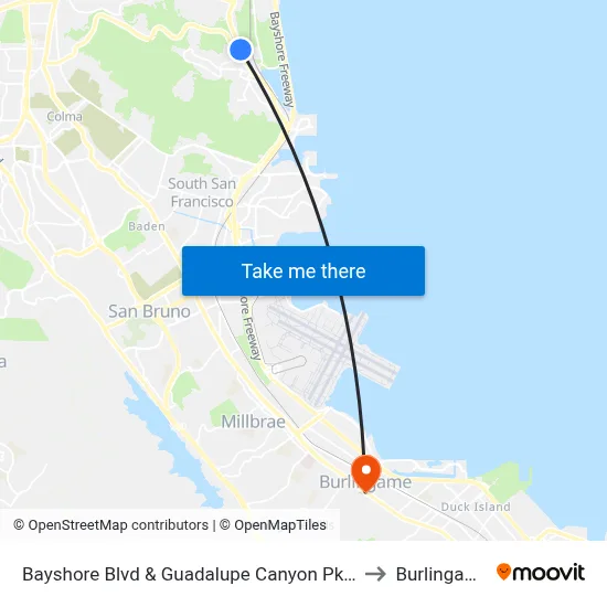 Bayshore Blvd & Guadalupe Canyon Pkwy to Burlingame map