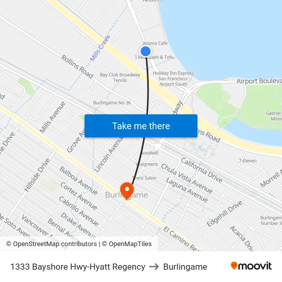 1333 Bayshore Hwy-Hyatt Regency to Burlingame map