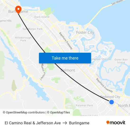 El Camino Real & Jefferson Ave to Burlingame map