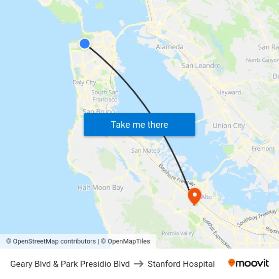 Geary Blvd & Park Presidio Blvd to Stanford Hospital map