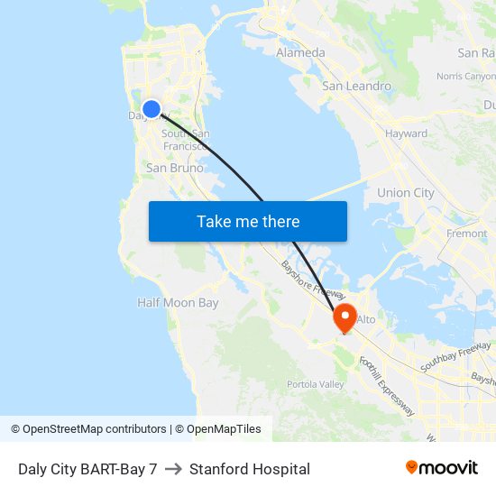 Daly City BART-Bay 7 to Stanford Hospital map