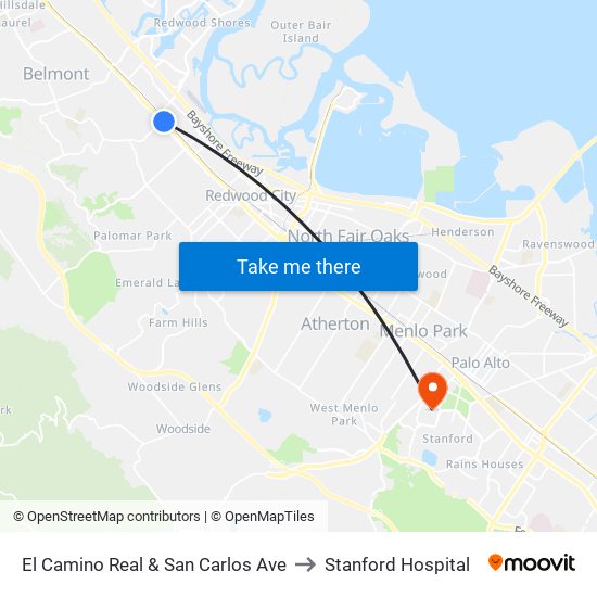 El Camino Real & San Carlos Ave to Stanford Hospital map