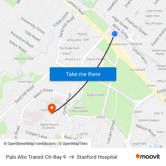 Palo Alto Transit Ctr-Bay 9 to Stanford Hospital map