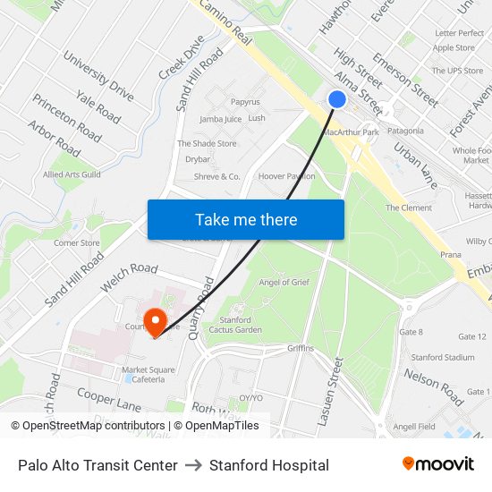 Palo Alto Transit Center to Stanford Hospital map