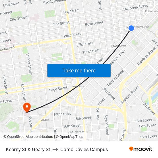 Kearny St & Geary St to Cpmc Davies Campus map