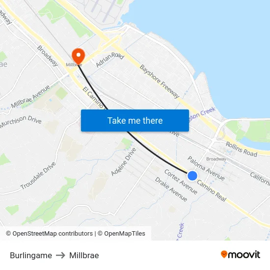 Burlingame to Millbrae map
