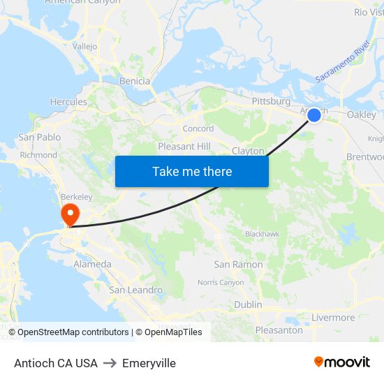 Antioch CA USA to Emeryville map