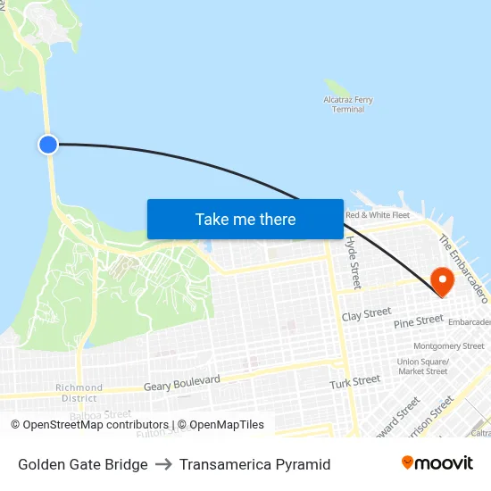 Golden Gate Bridge to Transamerica Pyramid map