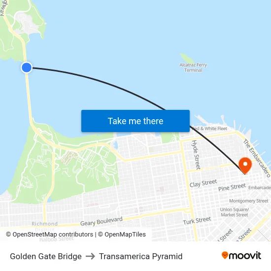 Golden Gate Bridge to Transamerica Pyramid map