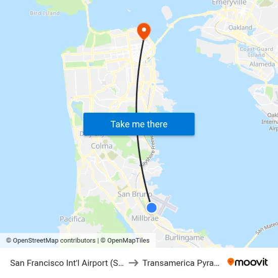 San Francisco Int'l Airport (SFO) to Transamerica Pyramid map