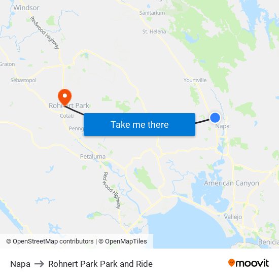 Napa to Rohnert Park Park and Ride map