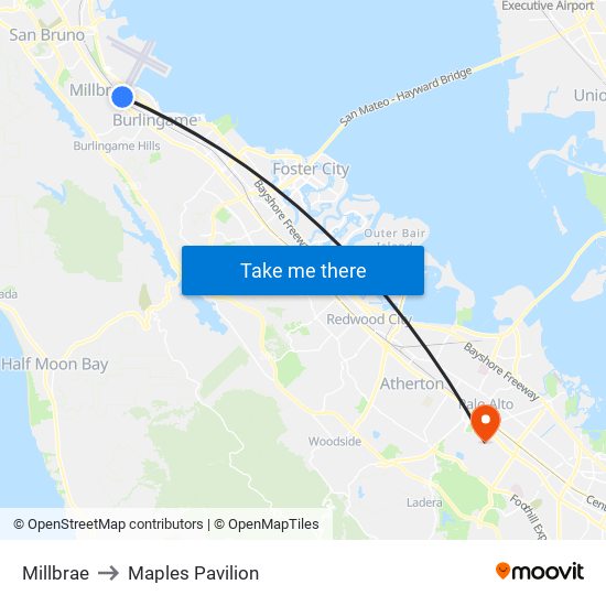 Millbrae to Maples Pavilion map