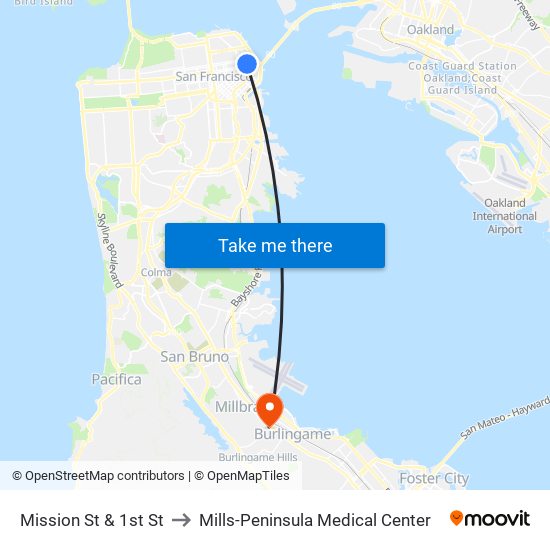 Mission St & 1st St to Mills-Peninsula Medical Center map