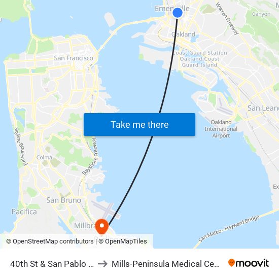 40th St & San Pablo Av to Mills-Peninsula Medical Center map