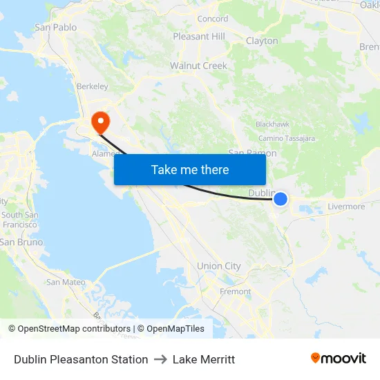 Dublin Pleasanton Station to Lake Merritt map