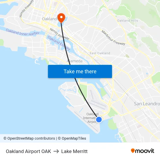 Oakland Airport OAK to Lake Merritt map