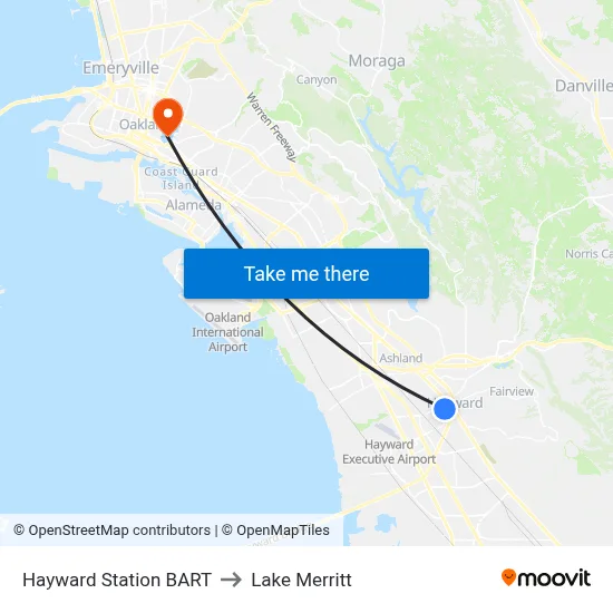 Hayward Station BART to Lake Merritt map