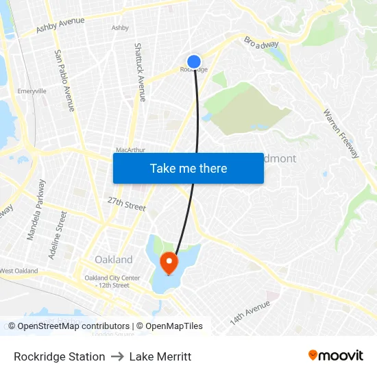 Rockridge Station to Lake Merritt map
