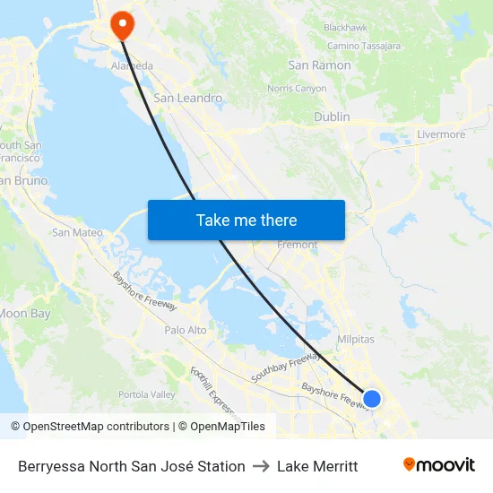 Berryessa North San José Station to Lake Merritt map