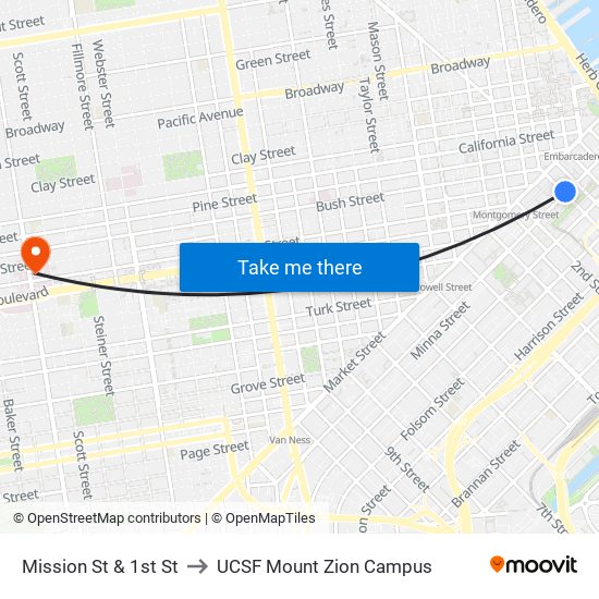 Mission St & 1st St to UCSF Mount Zion Campus map