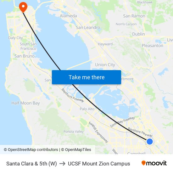 Santa Clara & 5th (W) to UCSF Mount Zion Campus map