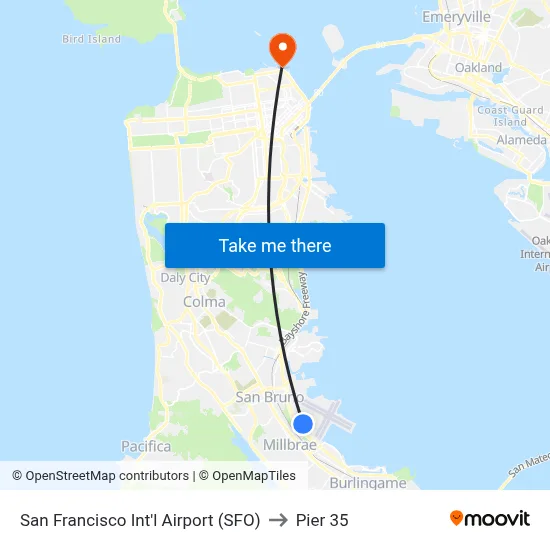 San Francisco Int'l Airport (SFO) to Pier 35 map