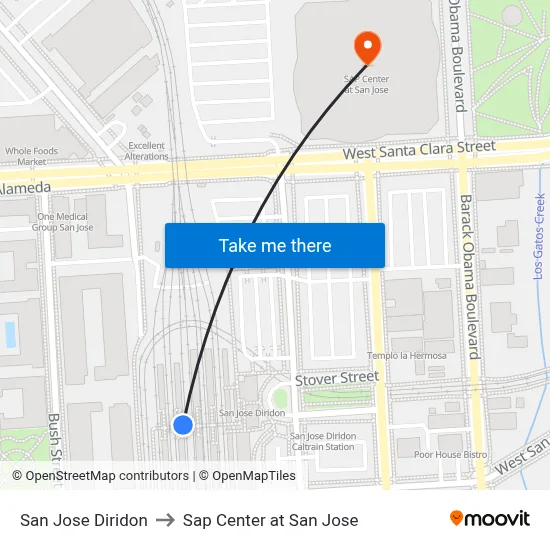 San Jose Diridon to Sap Center at San Jose map