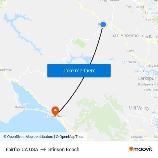 Fairfax CA USA to Stinson Beach map