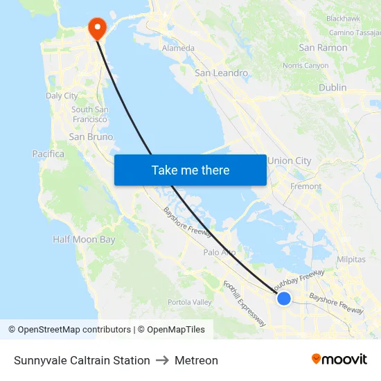 Sunnyvale Caltrain Station to Metreon map