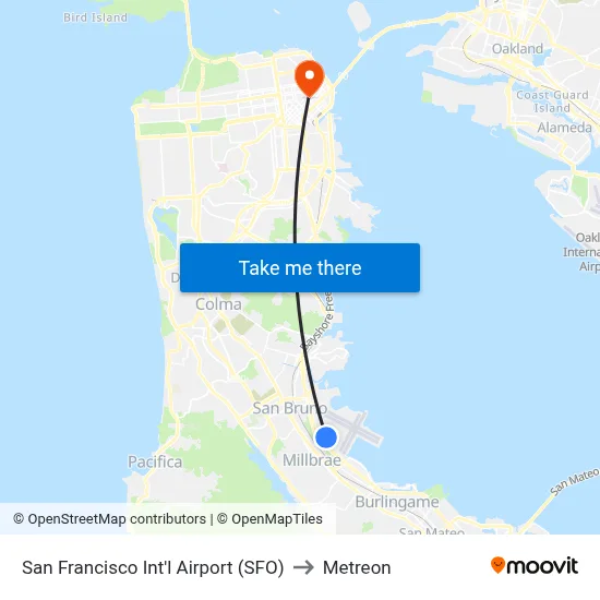 San Francisco Int'l Airport (SFO) to Metreon map