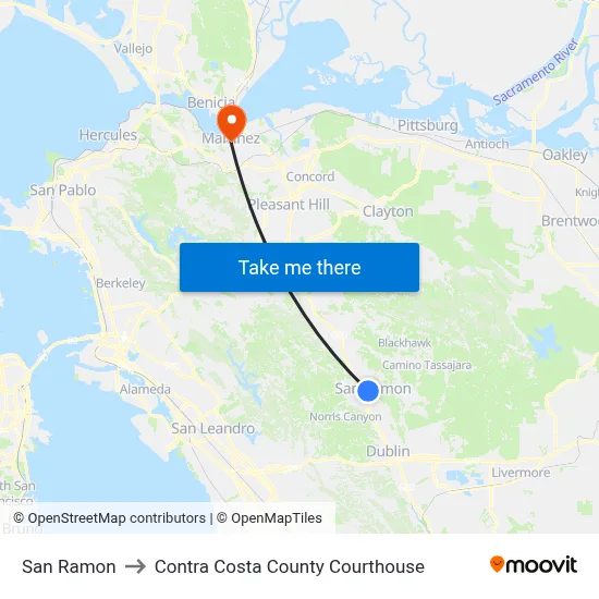 San Ramon to Contra Costa County Courthouse map
