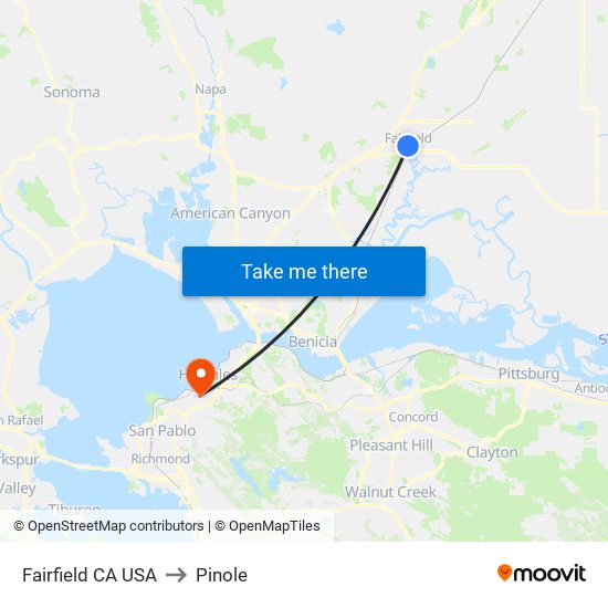 Fairfield CA USA to Pinole map