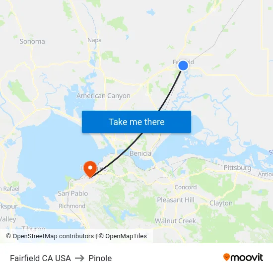 Fairfield CA USA to Pinole map
